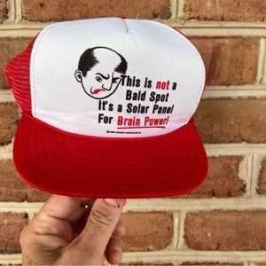 Red and White Trucker Hat. 1989. Snapback bald solar panel. Great conversation